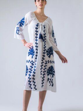 White Midi Cover Up with Blue Embroidered Floral Detail